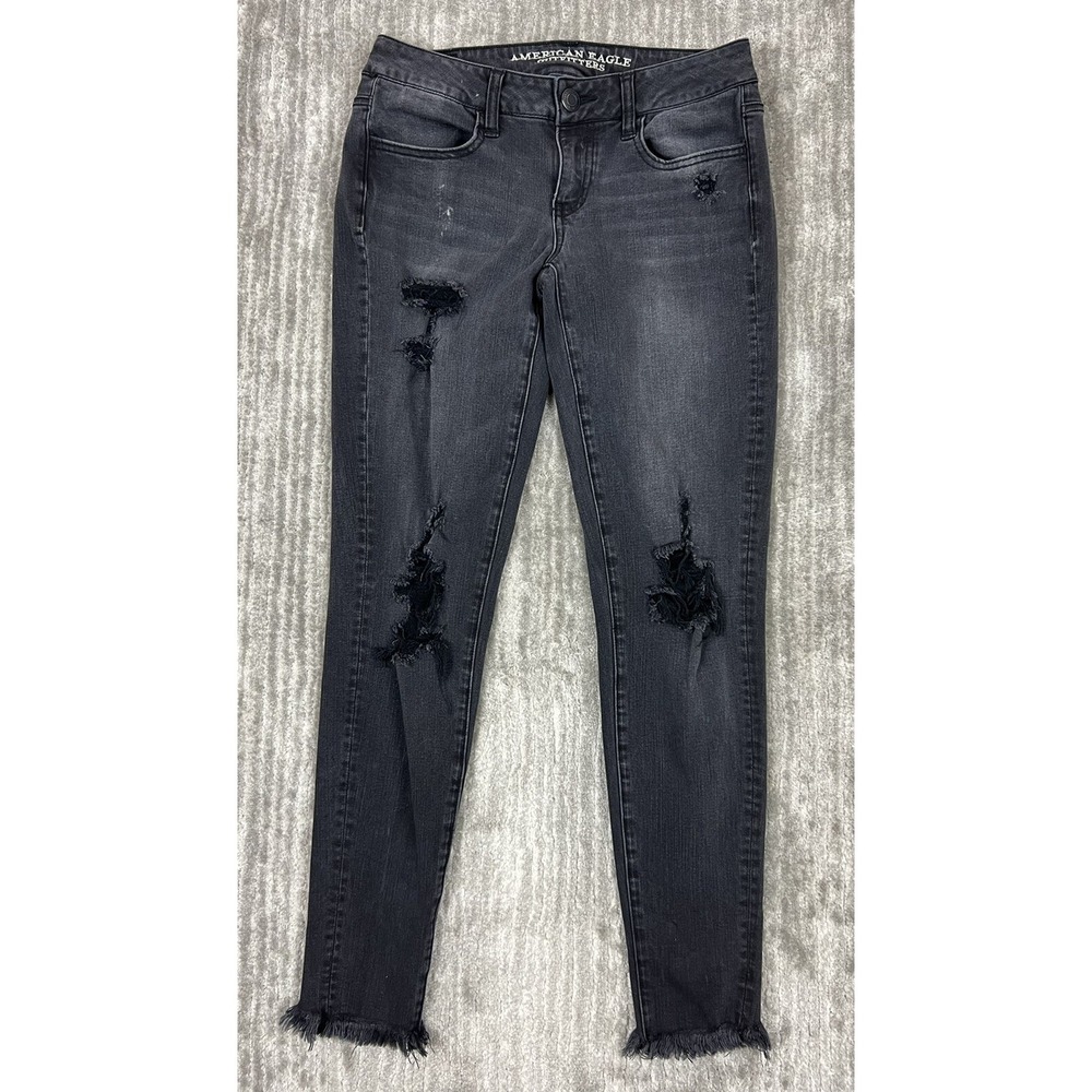American Eagle Jeans Women 4 Black Super Stretch X Distressed Skinny Frayed‎ Hem